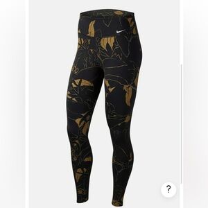 Nike Womens Leggings Black Gold Metallic Floral Mid Rise Running